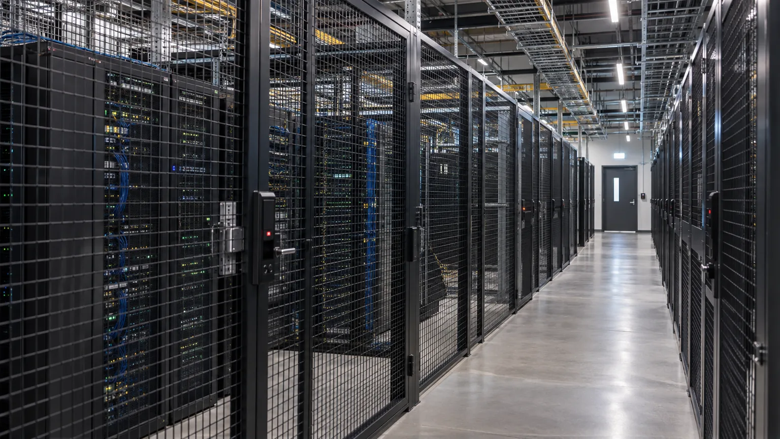 AI-generated illustration of server racks inside separate secure mesh cages in a colocation data center.