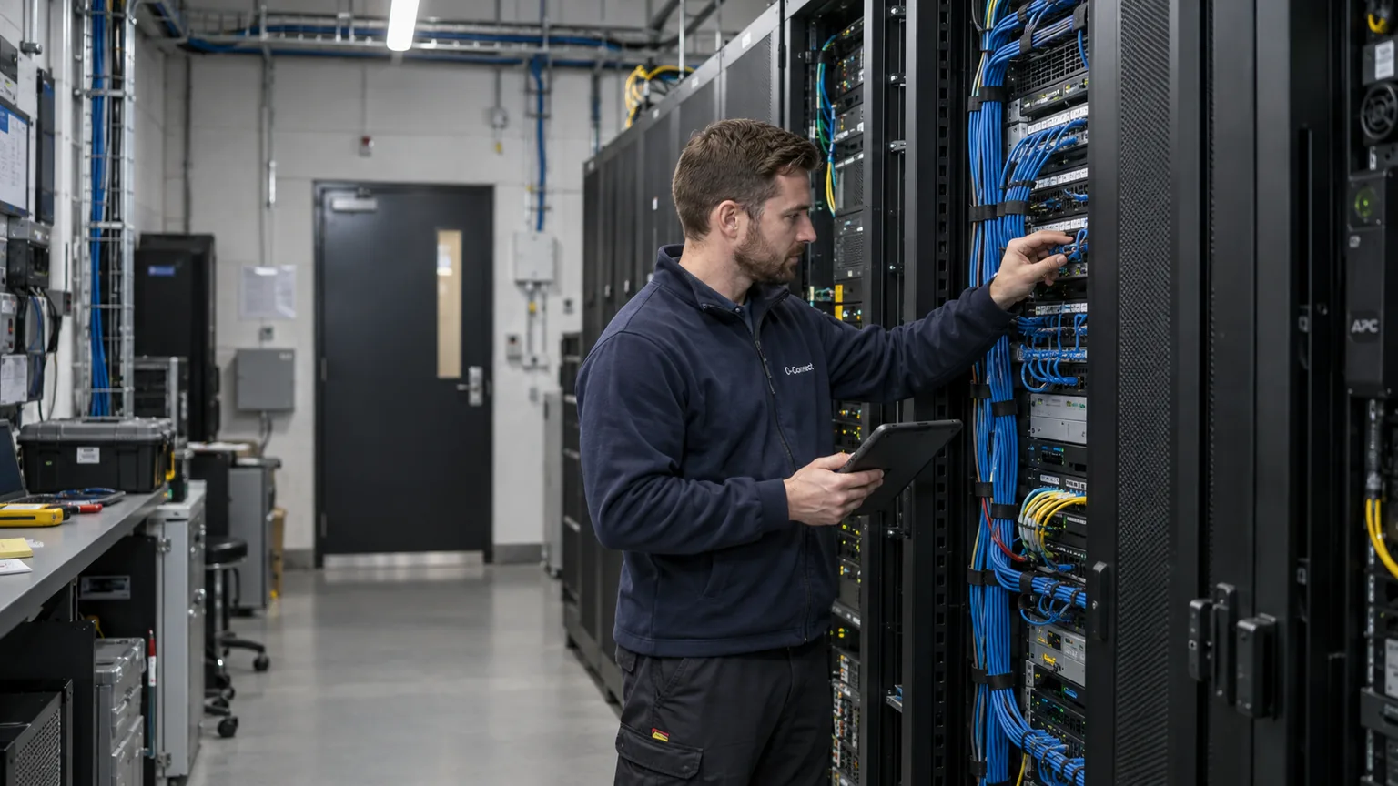 AI-generated illustration of an infrastructure technician checking server and network equipment in an enterprise communications room.