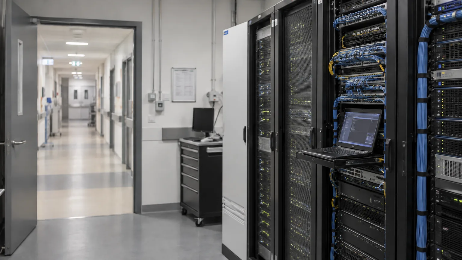 Healthcare IT infrastructure AI-generated illustration of a hospital IT equipment room with a healthcare corridor visible through the doorway.