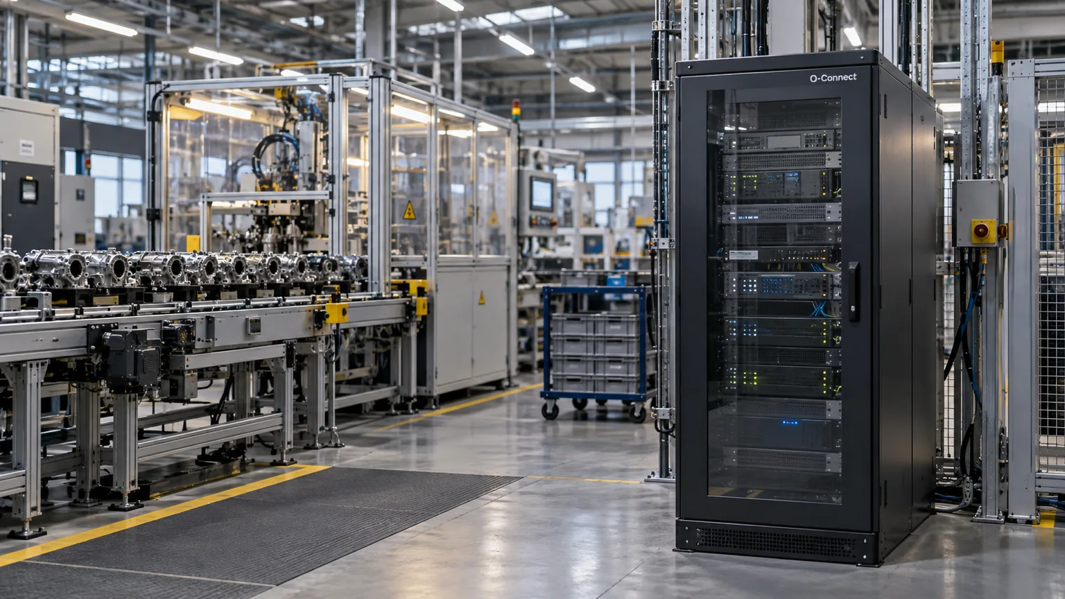 AI-generated illustration of an edge computing cabinet beside a factory production line.