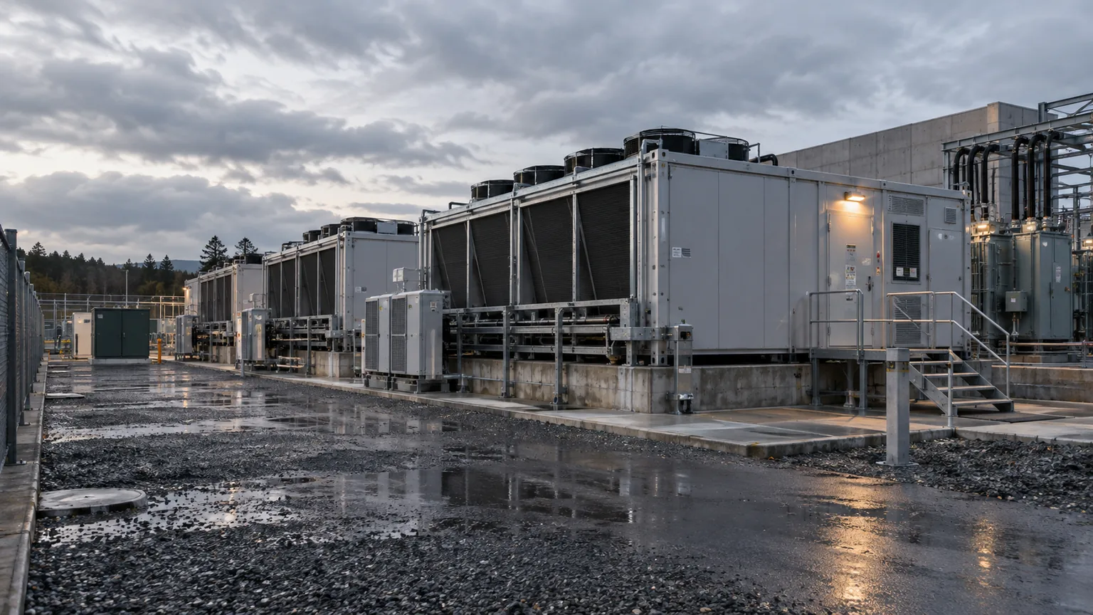 AI-generated illustration of a modular container data center with outdoor cooling and power equipment in an industrial yard.