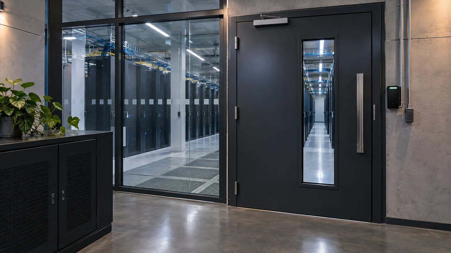 AI-generated illustration of a controlled-access data hall entrance with a secure door and badge reader.