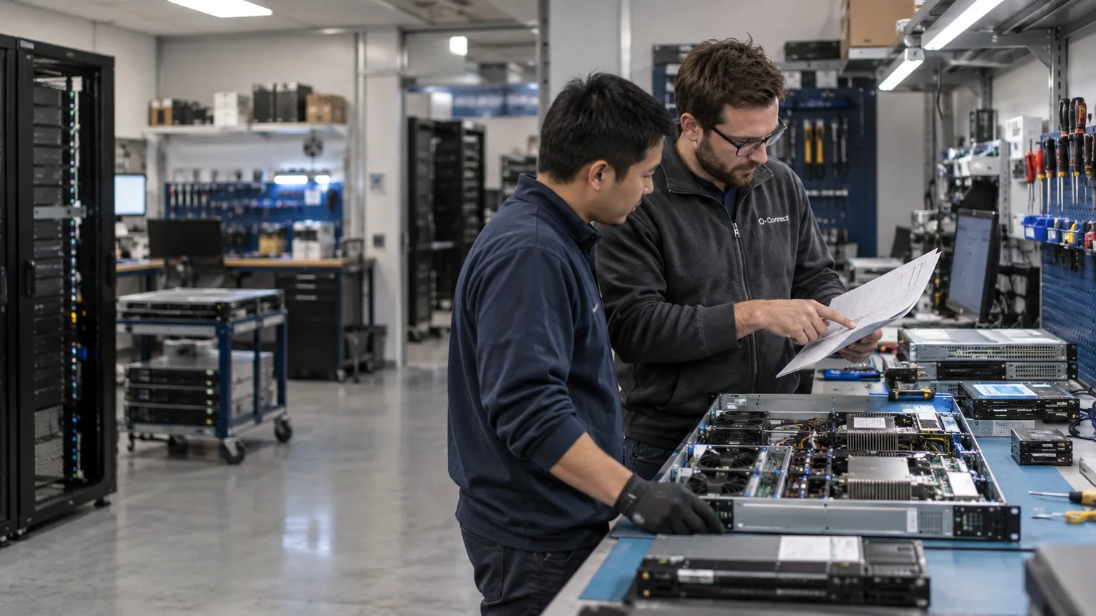 Systems integration and hardware staging AI-generated illustration of two technicians checking a build sheet beside server components on an integration bench.