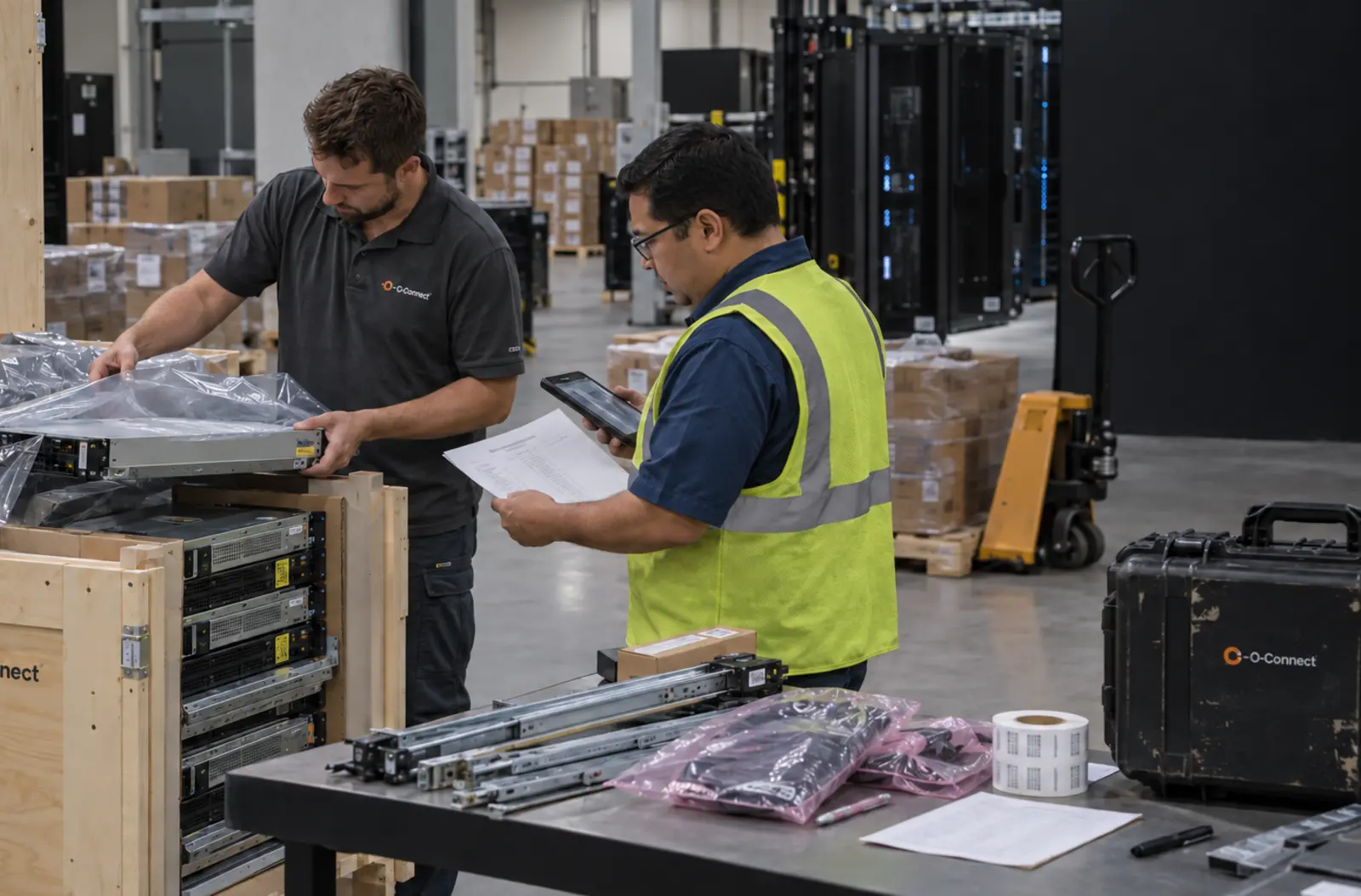 O-Connect technicians receiving and reconciling rack-mount servers in a data center staging area