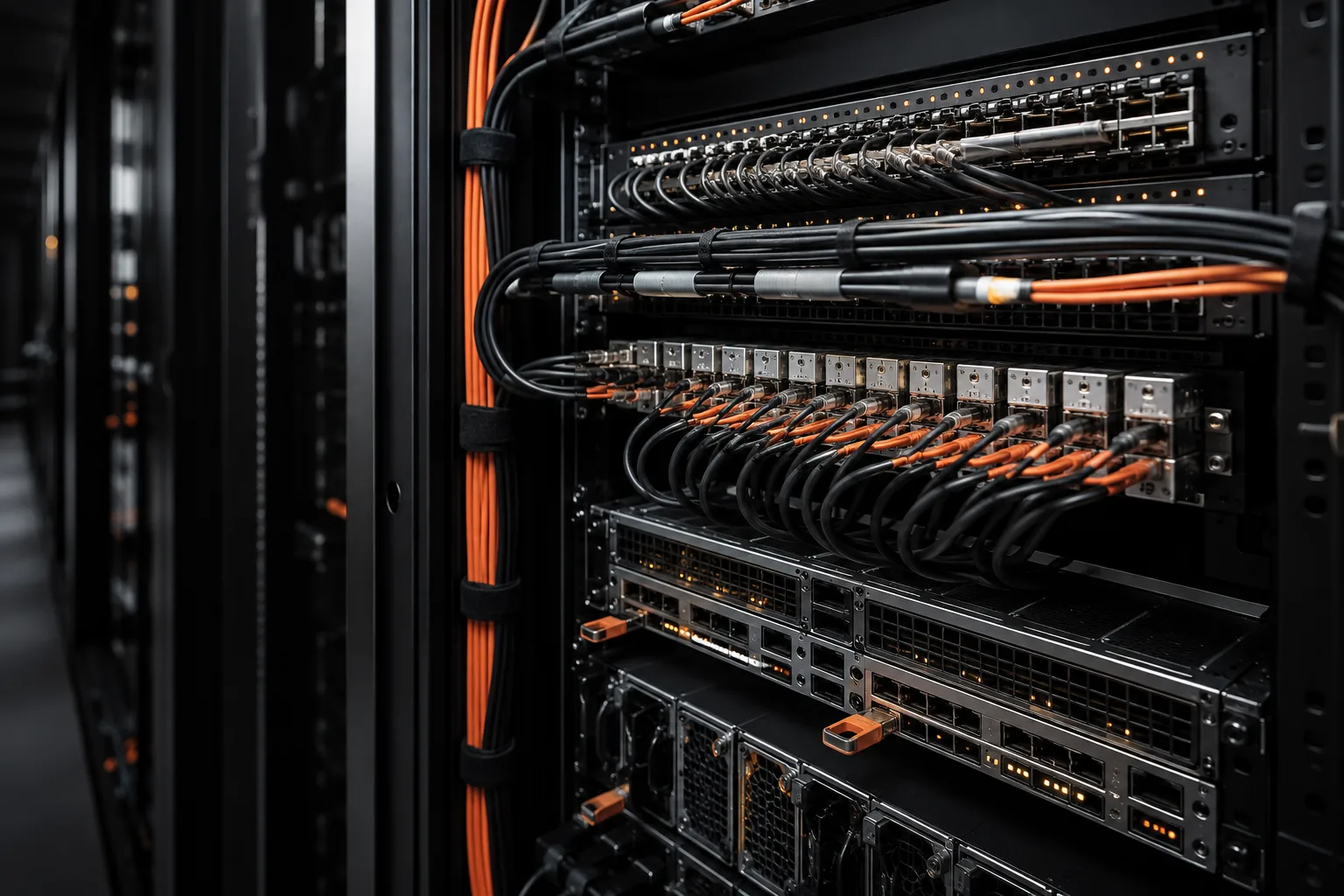 Network switches and organized fiber connections within a data center rack