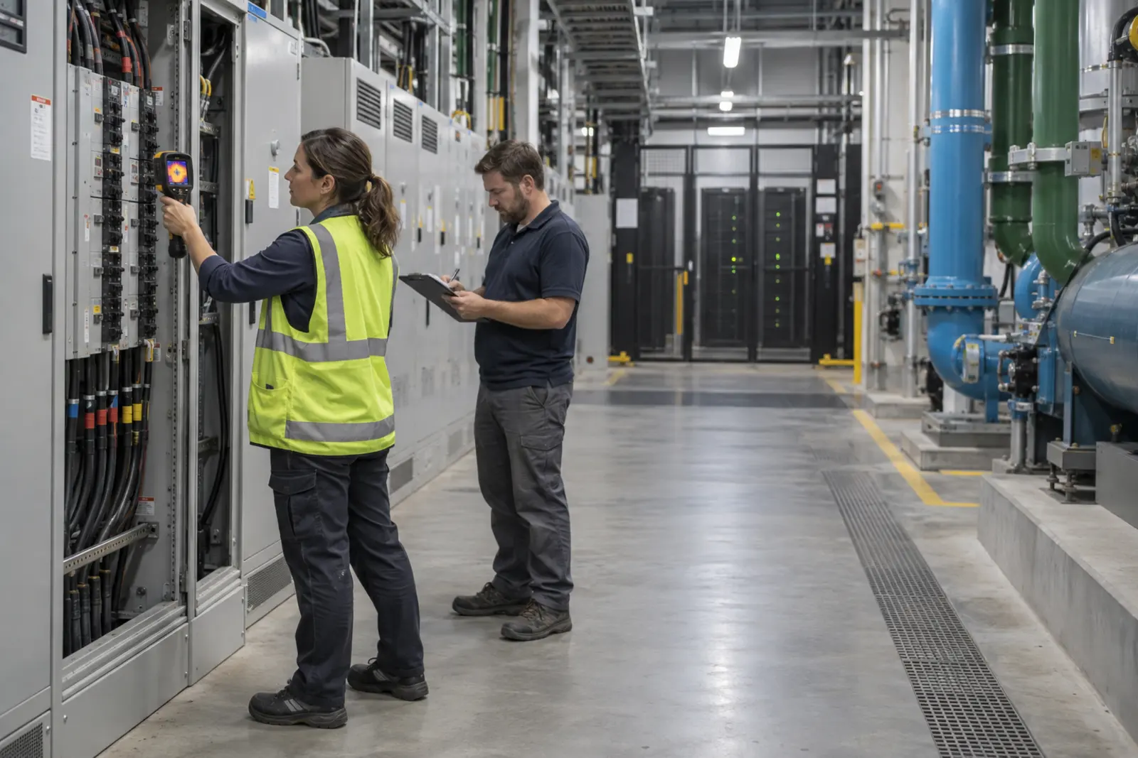 Facilities engineers inspecting power and cooling systems before a data center deployment